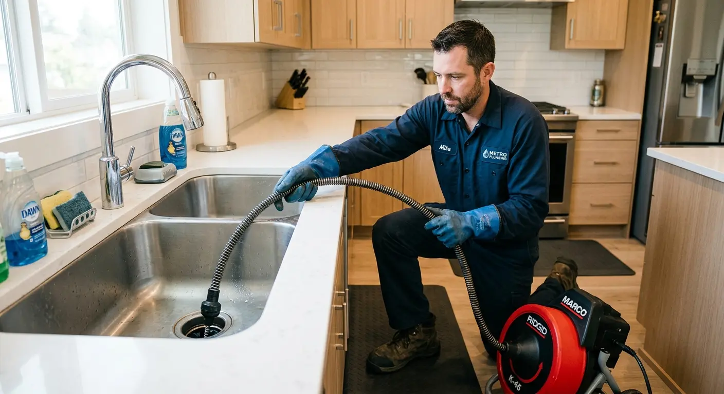 Drain cleaning technician using a motorized snake on a kitchen sink in Fort Mitchell