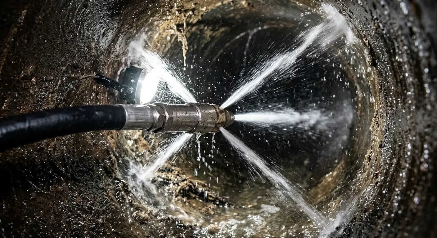 High-pressure hydro jetting nozzle cleaning sewer pipe for Trenchless Sewer Repair in Fort Mitchell