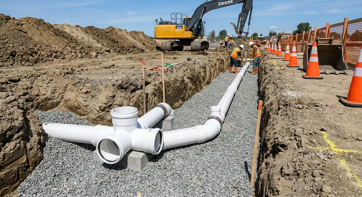 New PVC sewer pipe installation in open trench for Sewer Backup in Fort Mitchell