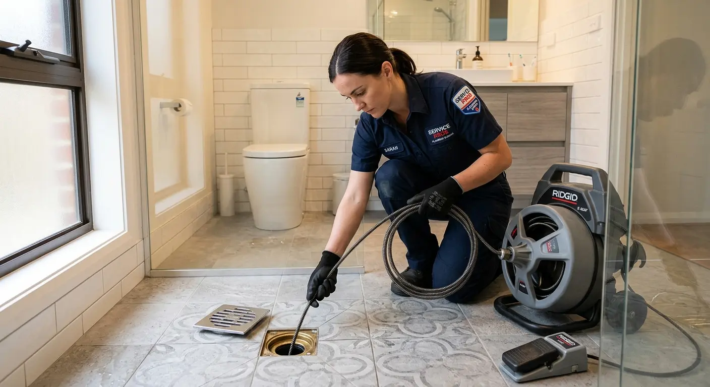 Technician clearing a bathroom floor drain for Drain Repair in Fort Mitchell